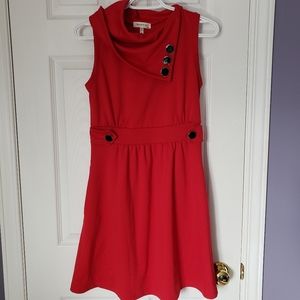 Monteau / Modcloth Red dress with cowl neck, no sleeves, pockets, defined waist